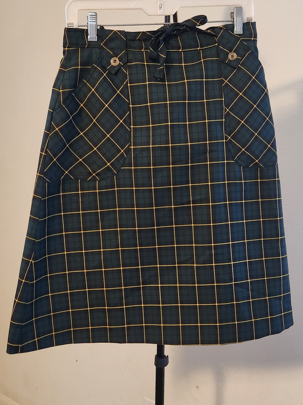 Hogan Dark Green Plaid A-Line Skirt with Yellow Windowpane